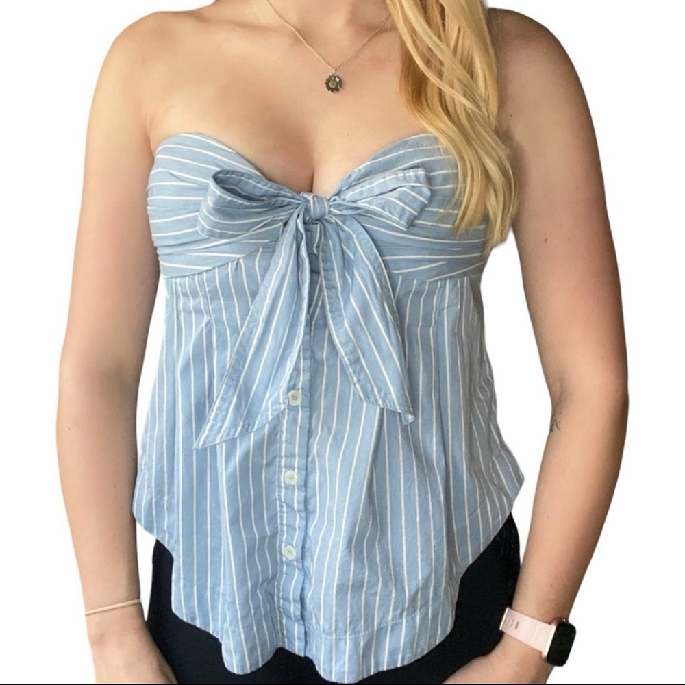 Free People Blue and White Striped Bow Blouse